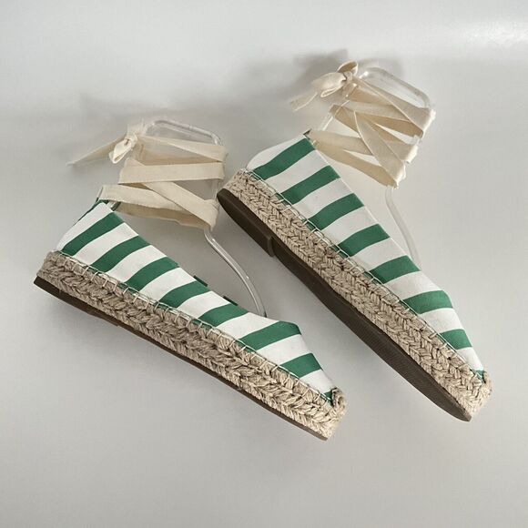 Draper James Platform Women 10M Green White Awning Stripe Tie Ankle Espadrille - Picture 5 of 12